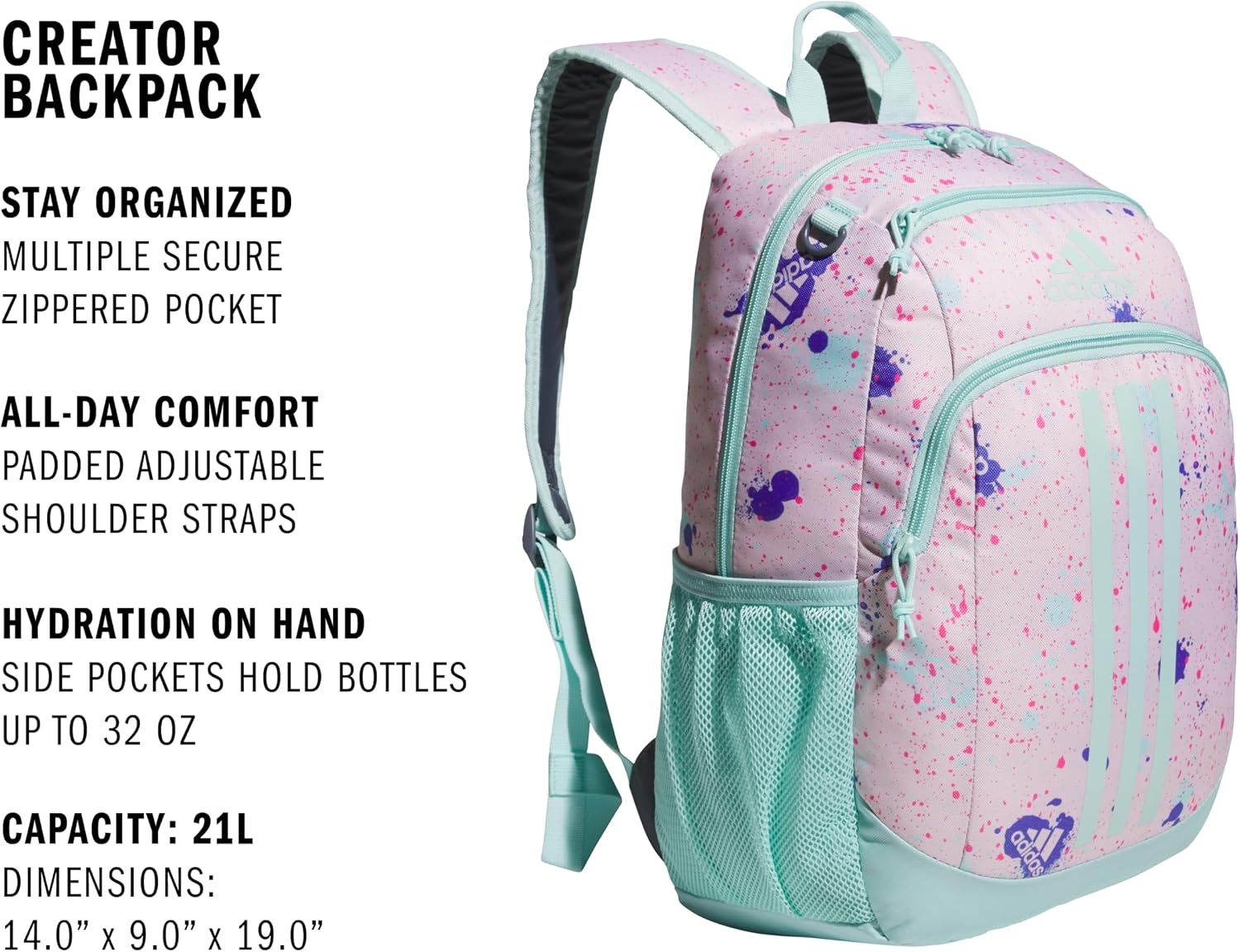 image:imageadidas Creator School Backpack 21L Padded Laptop Sleeve Durable Build RightSized For Kids Carries Comfortably Spills Wipe Away School Gym amp Travel ReadySplatter Sandy PinkSemi Flash Aqua Blue2