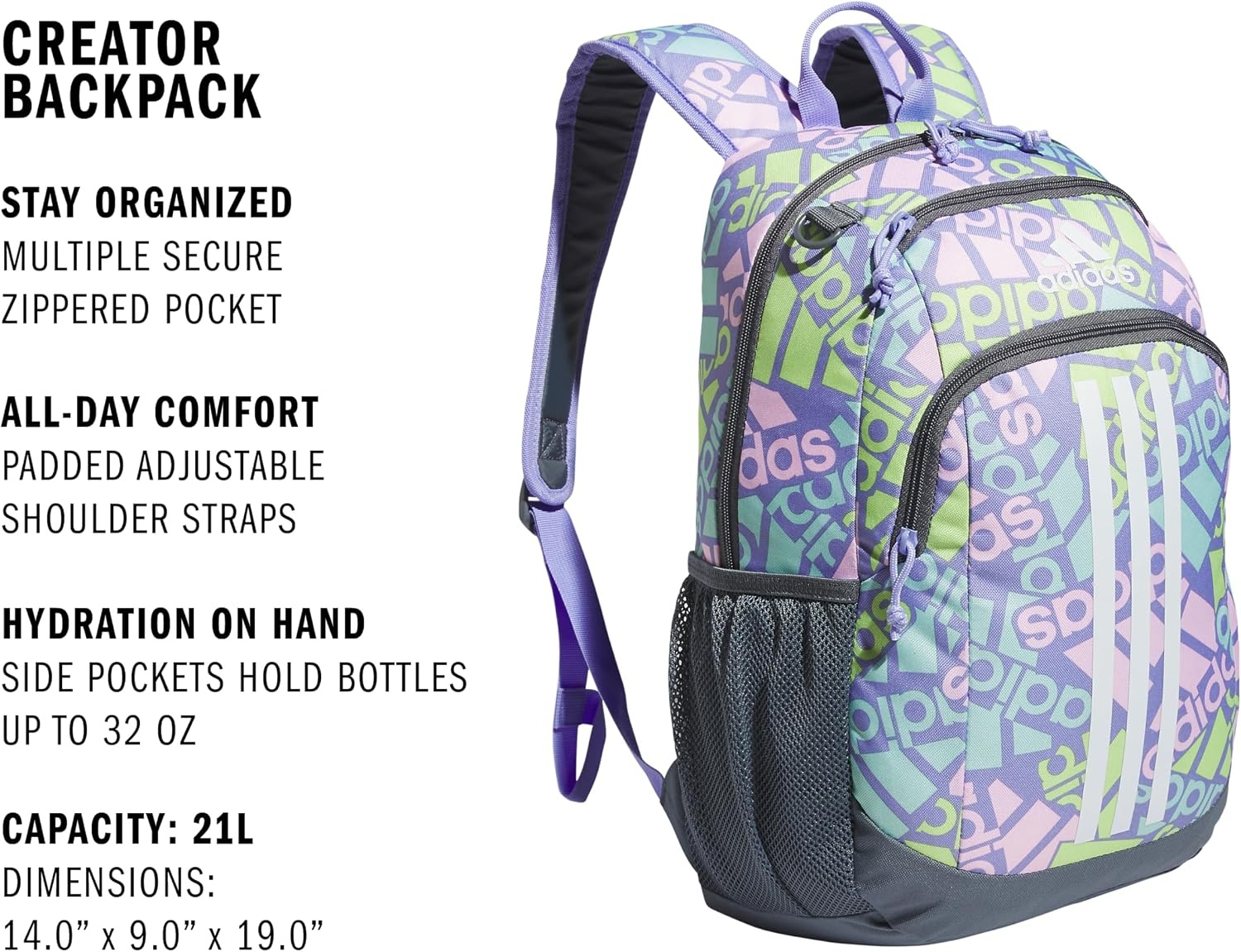 image:imageadidas Creator School Backpack 21L Padded Laptop Sleeve Durable Build RightSized For Kids Carries Comfortably Spills Wipe Away School Gym amp Travel ReadyAdi Multi Collage Light PurpleOnix GreyWhite2
