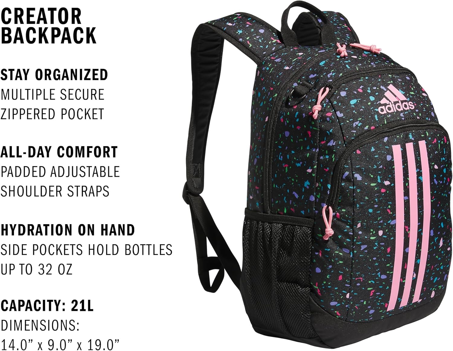 image:imageadidas Creator School Backpack 21L Padded Laptop Sleeve Durable Build RightSized For Kids Carries Comfortably Spills Wipe Away School Gym amp Travel ReadySpeckle BlackBliss PinkBlack2