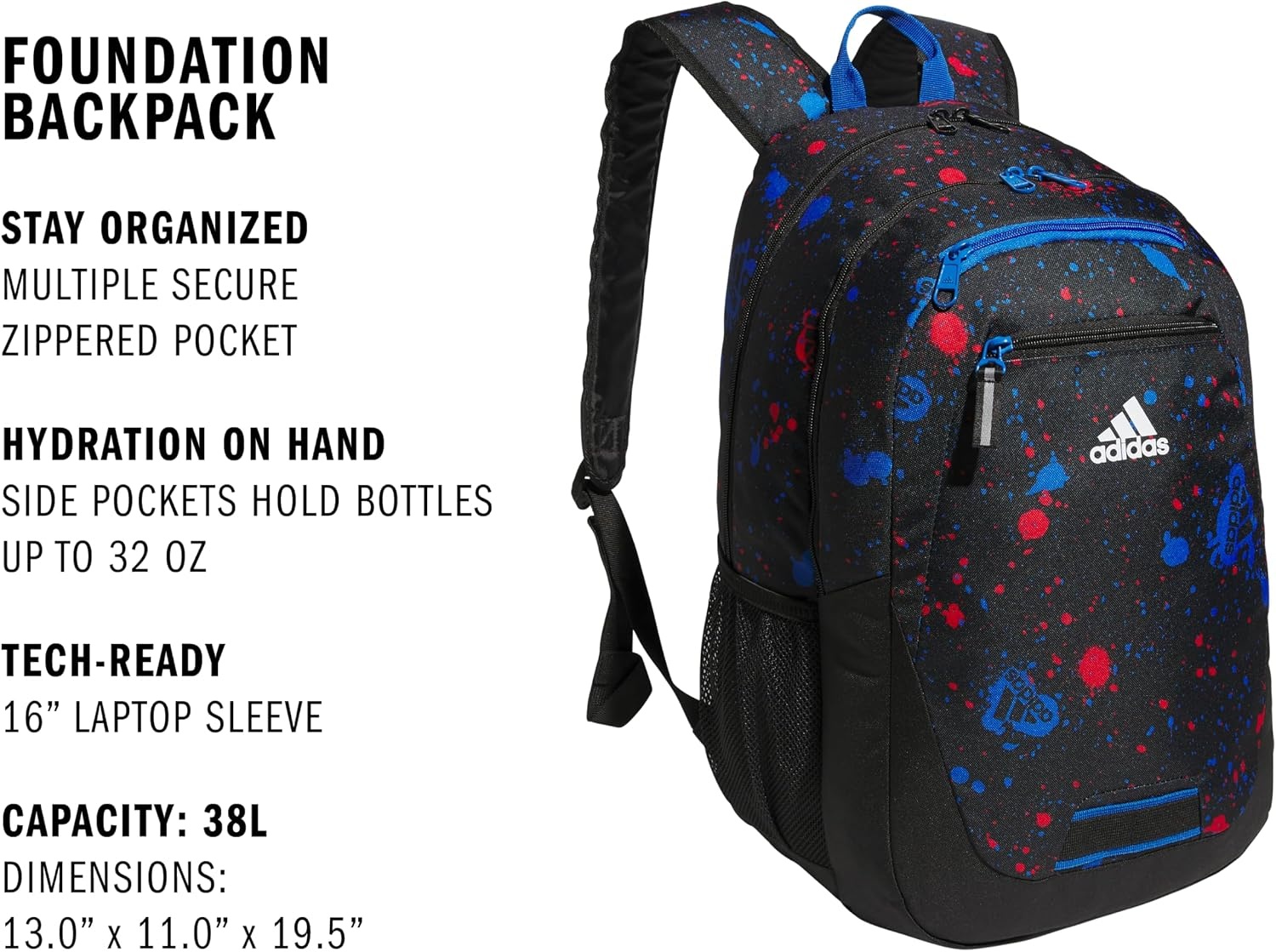 image:imageadidas Foundation Backpack 38LSplatter BlackBright Royal Blue