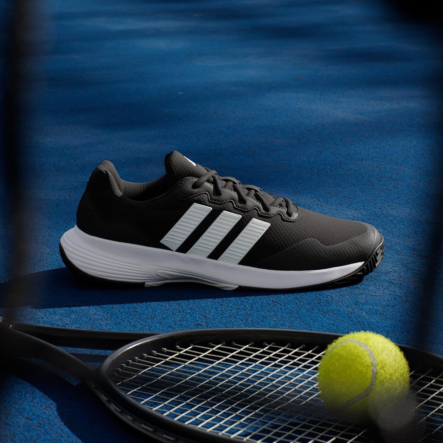 image:imageadidas Mens Gamecourt 2 Tennis ShoesBlackWhiteSilver Metallic