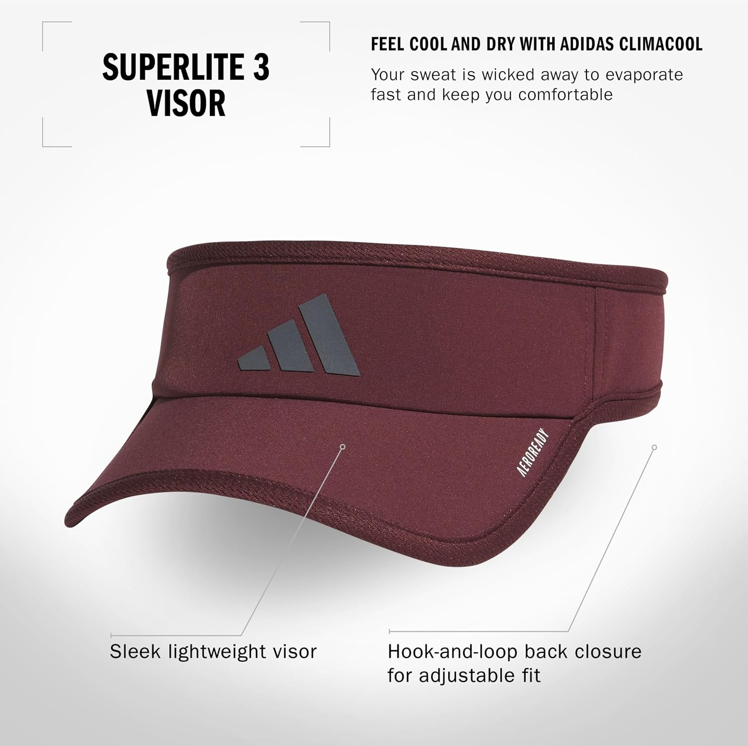 image:imageadidas Mens Superlite Visor OpenTop Design MoistureWicking Sweatband Adjustable Fit 3Stripes Side Detail DialIn Your Fit AllDay Sun ComfortAurora Ruby RedOnix Grey3