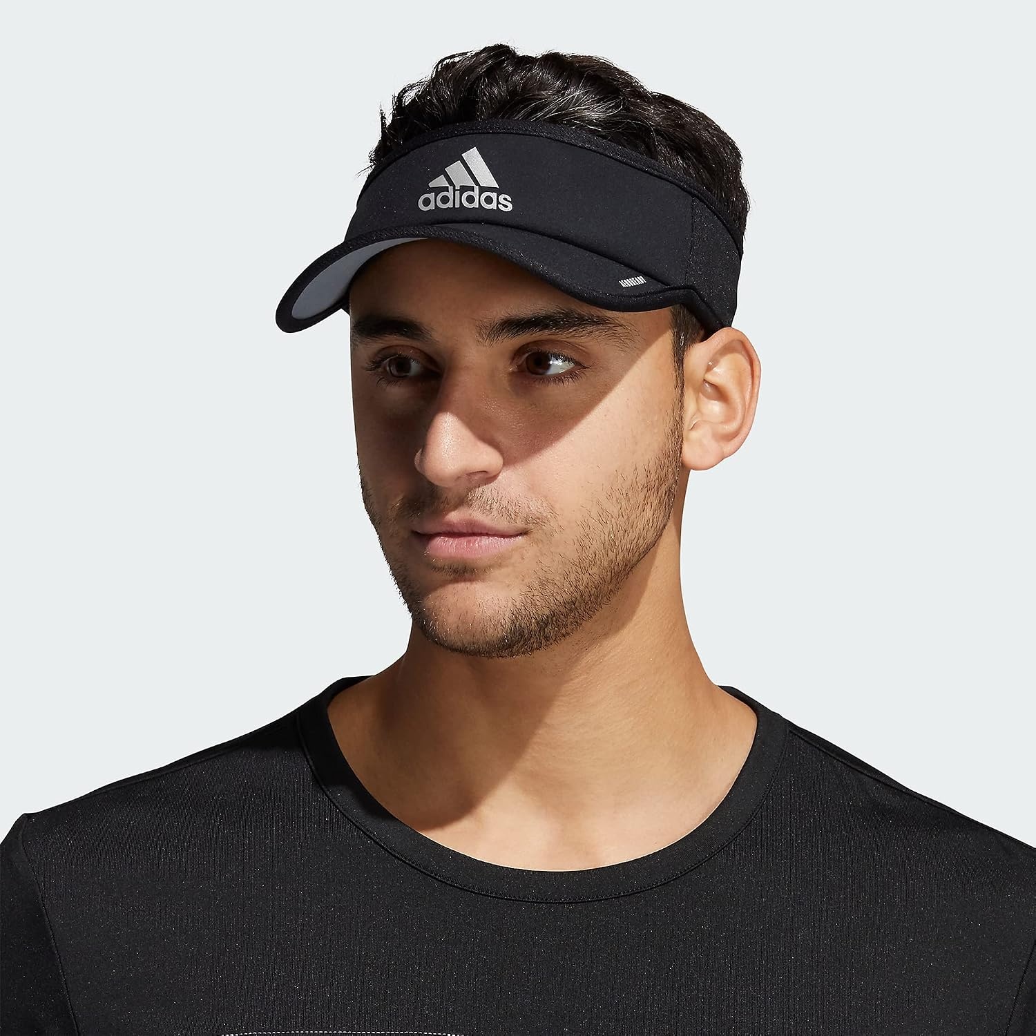 image:imageadidas Mens Superlite Visor OpenTop Design MoistureWicking Sweatband Adjustable Fit 3Stripes Side Detail DialIn Your Fit AllDay Sun ComfortBlackSilver Reflective2