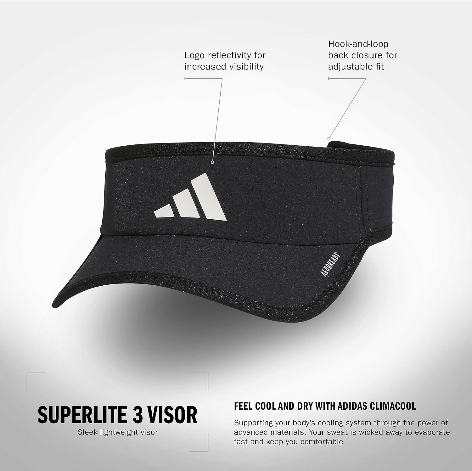 image:imageadidas Mens Superlite Visor OpenTop Design MoistureWicking Sweatband Adjustable Fit 3Stripes Side Detail DialIn Your Fit AllDay Sun ComfortBlackWhite3