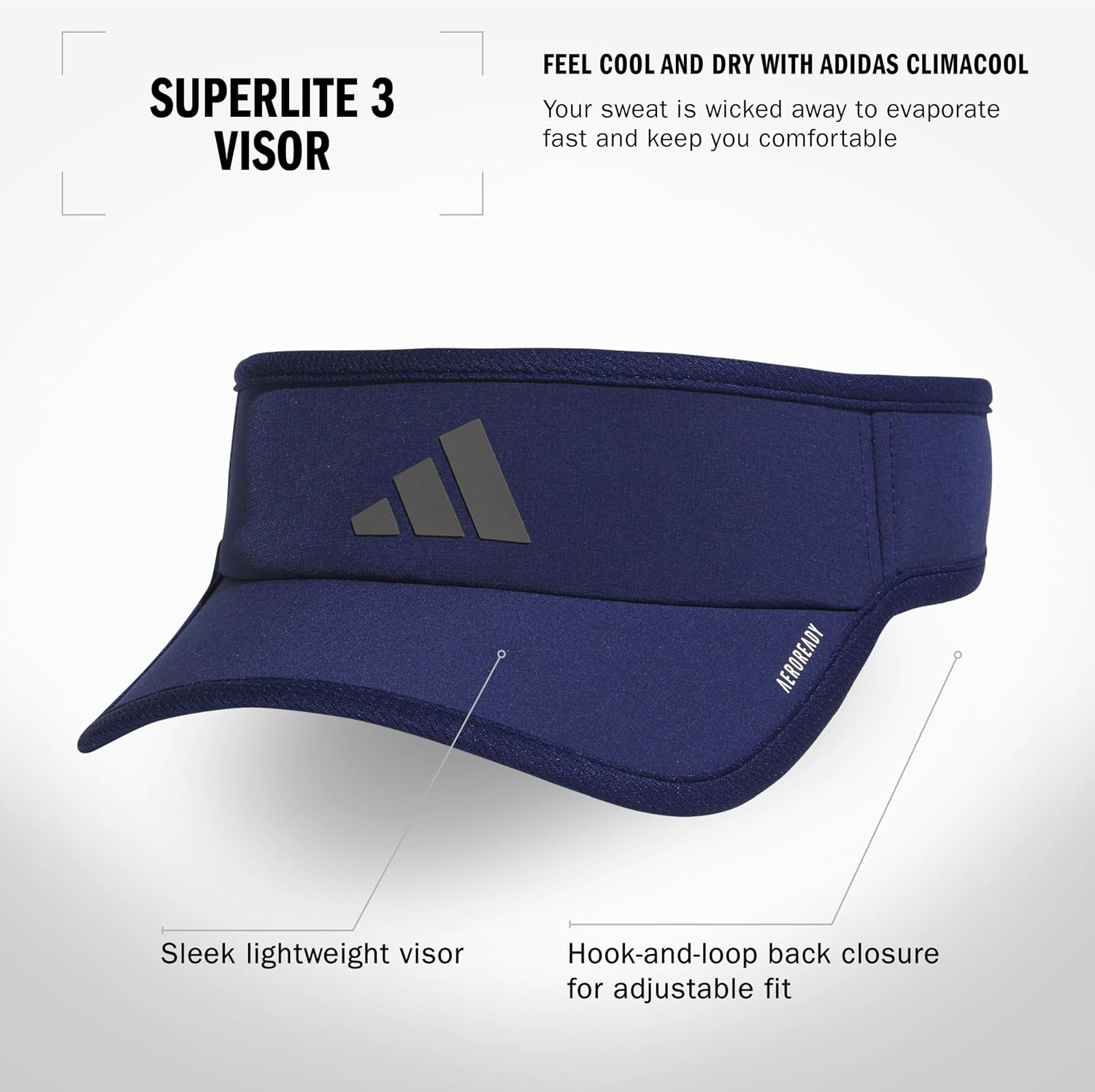 image:imageadidas Mens Superlite Visor OpenTop Design MoistureWicking Sweatband Adjustable Fit 3Stripes Side Detail DialIn Your Fit AllDay Sun ComfortDark BlueGrey Four3