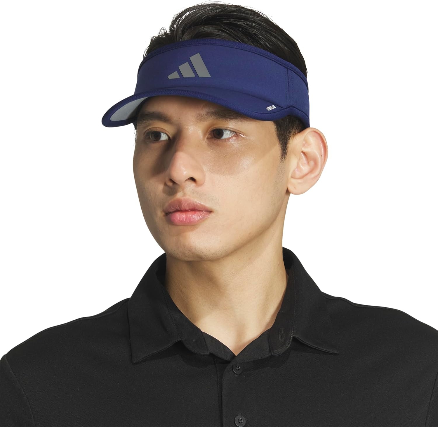 image:imageadidas Mens Superlite Visor OpenTop Design MoistureWicking Sweatband Adjustable Fit 3Stripes Side Detail DialIn Your Fit AllDay Sun ComfortDark BlueGrey Four3