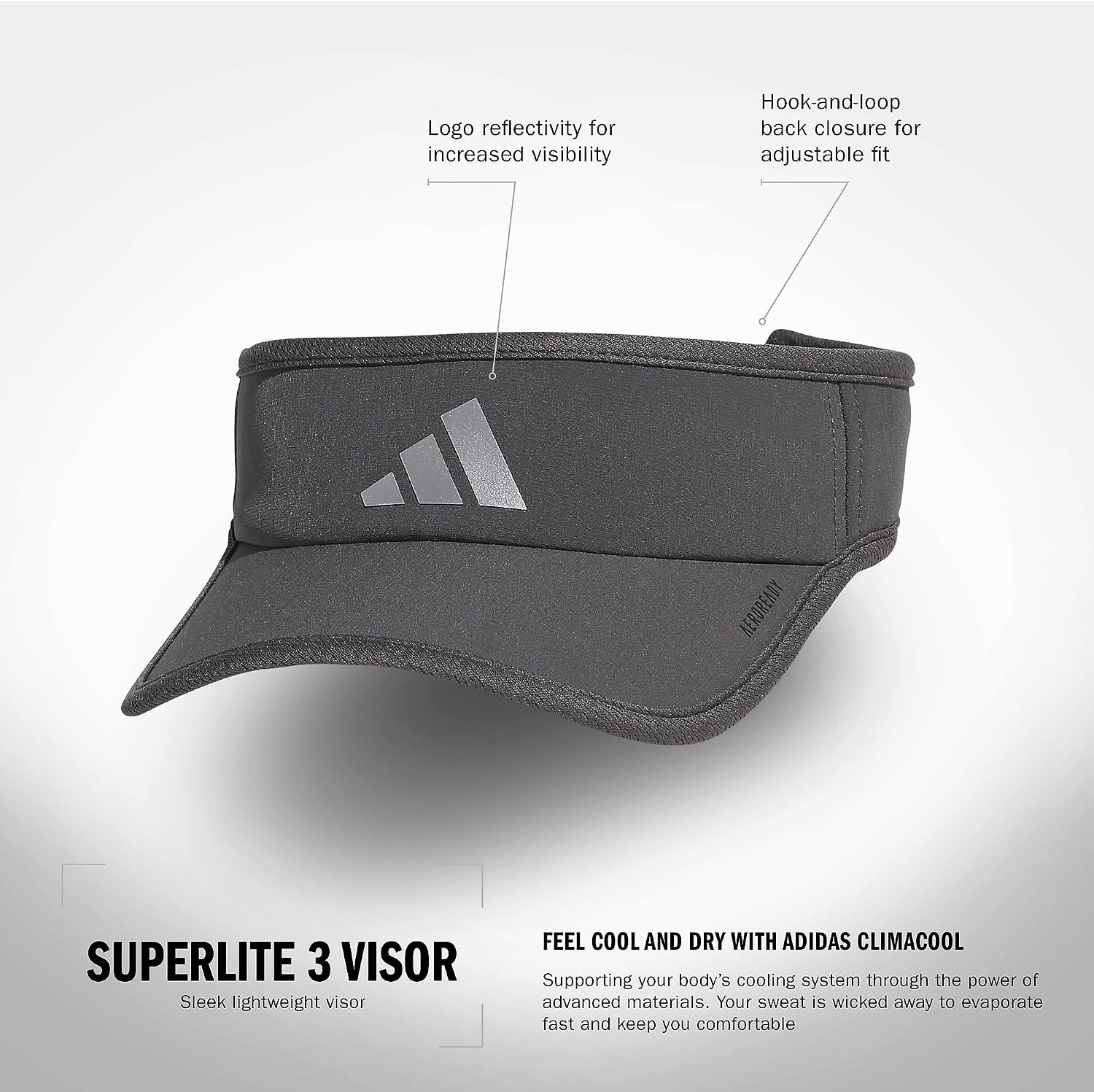 image:imageadidas Mens Superlite Visor OpenTop Design MoistureWicking Sweatband Adjustable Fit 3Stripes Side Detail DialIn Your Fit AllDay Sun ComfortGrey SixSilver Metallic3