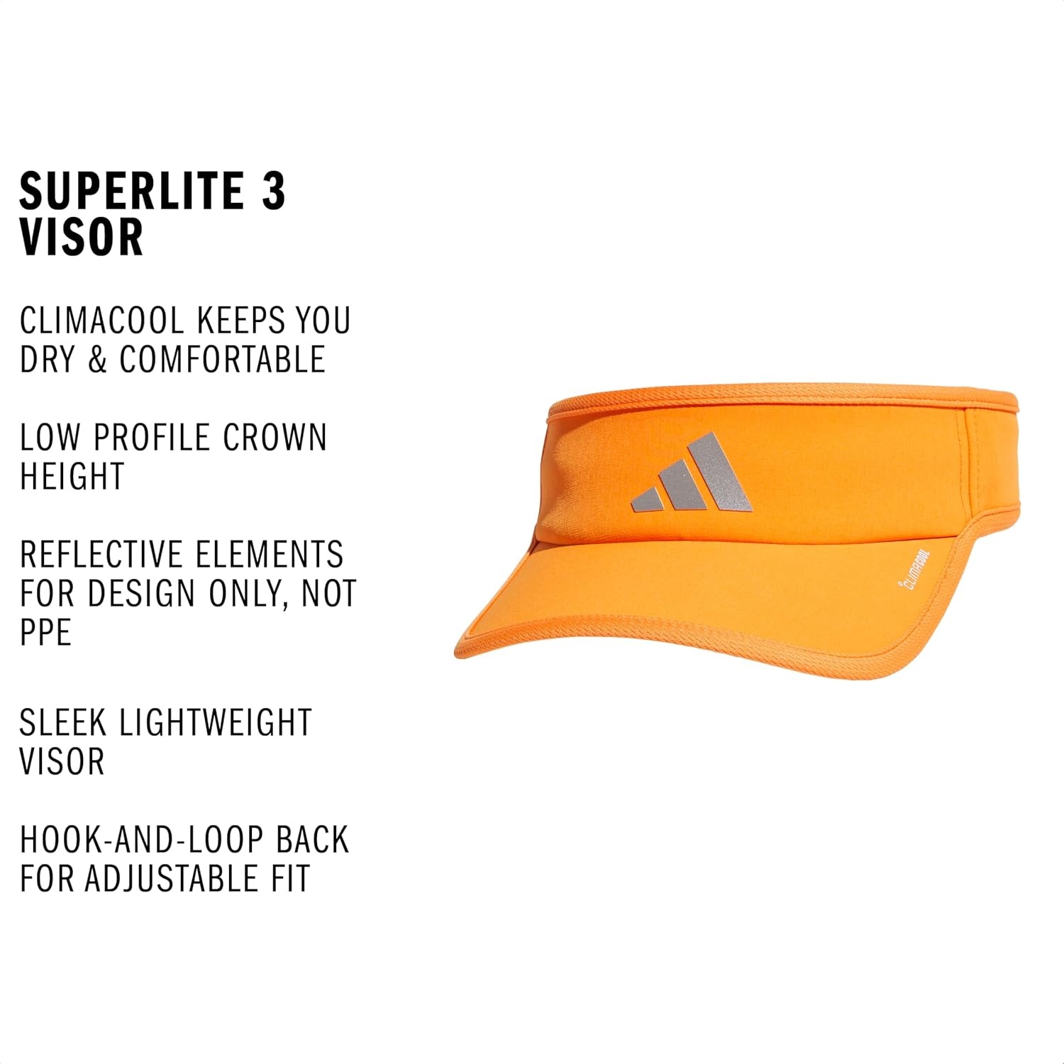 image:imageadidas Mens Superlite Visor OpenTop Design MoistureWicking Sweatband Adjustable Fit 3Stripes Side Detail DialIn Your Fit AllDay Sun ComfortPure OrangeSilver MetallicWhite3
