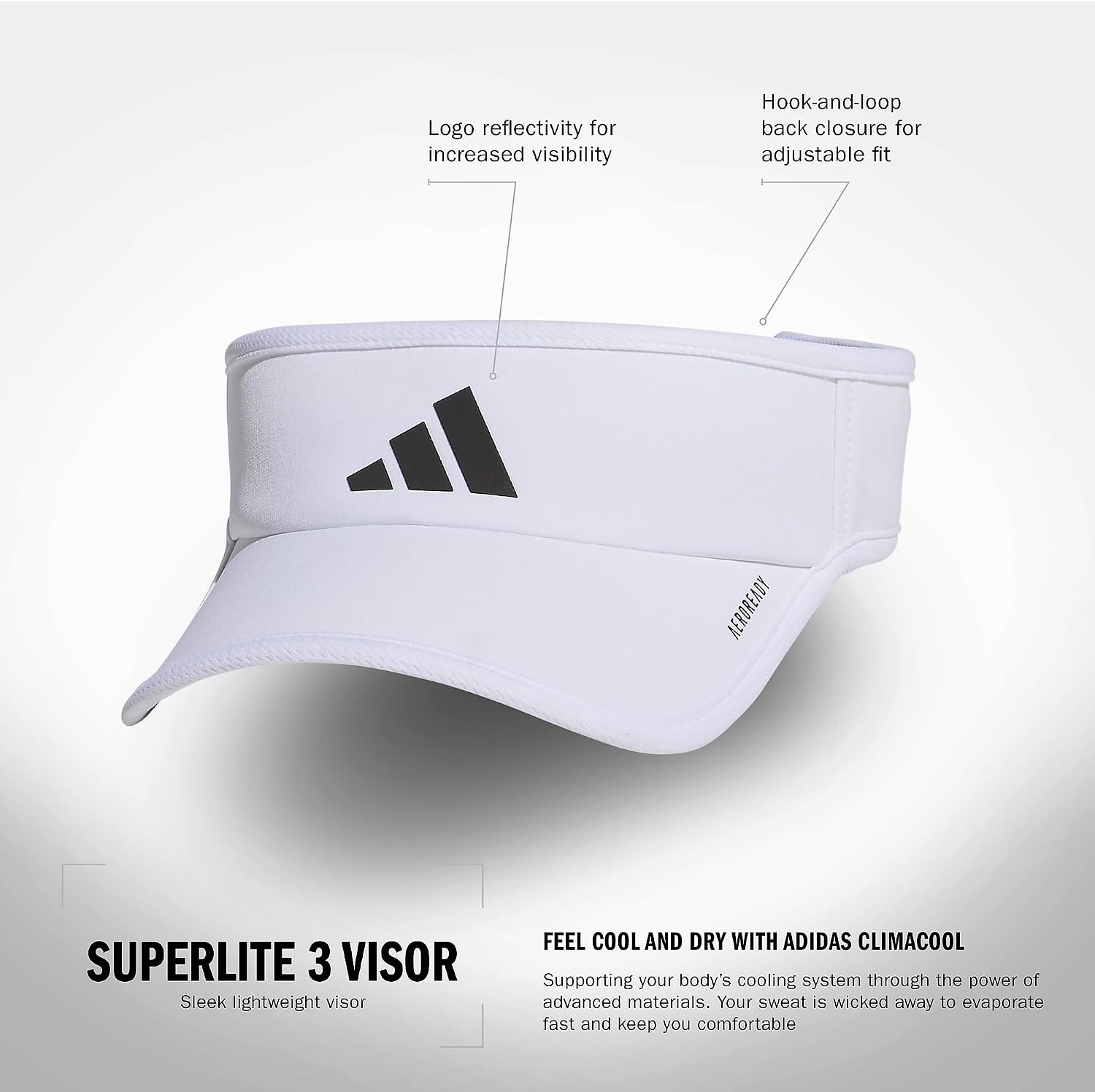 image:imageadidas Mens Superlite Visor OpenTop Design MoistureWicking Sweatband Adjustable Fit 3Stripes Side Detail DialIn Your Fit AllDay Sun ComfortWhiteBlack3