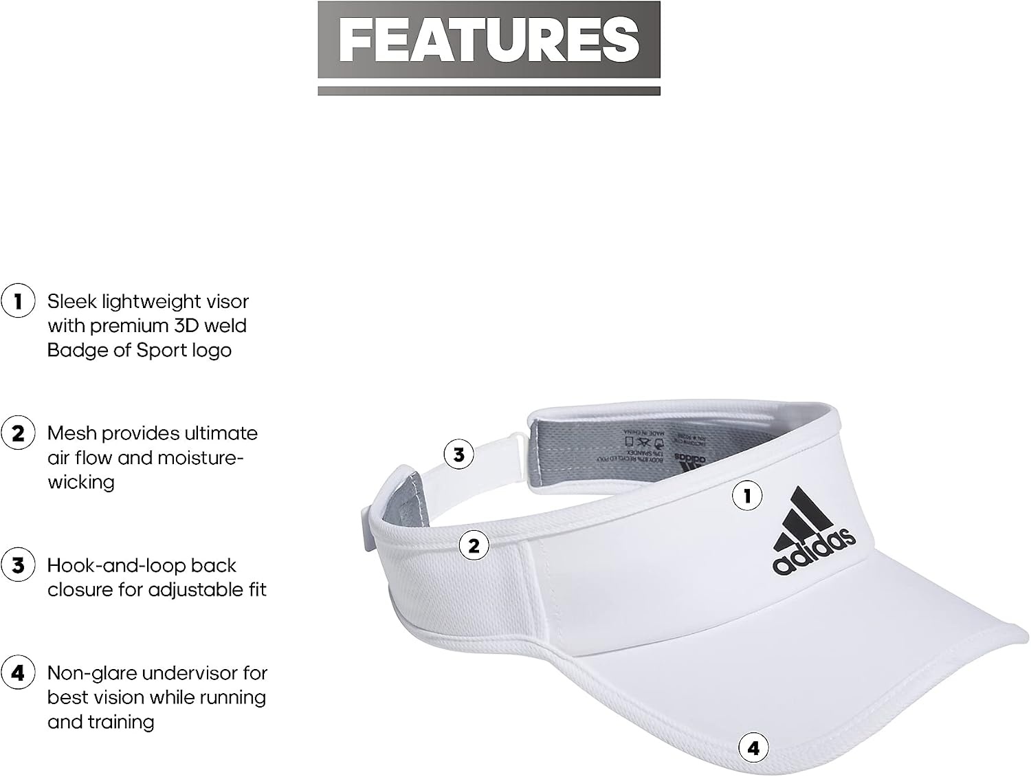 image:imageadidas Mens Superlite Visor OpenTop Design MoistureWicking Sweatband Adjustable Fit 3Stripes Side Detail DialIn Your Fit AllDay Sun ComfortWhiteBlack Reflective2