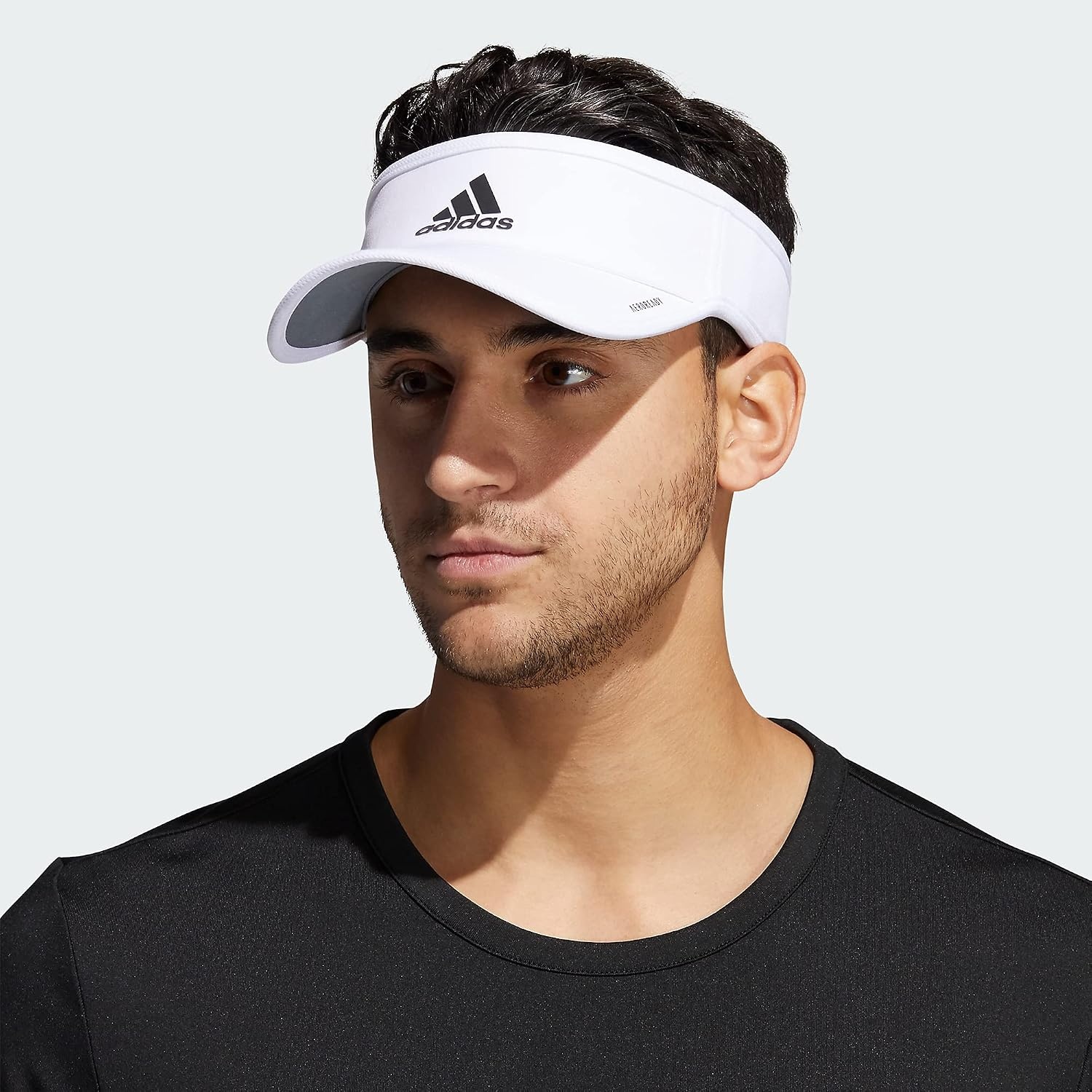 image:imageadidas Mens Superlite Visor OpenTop Design MoistureWicking Sweatband Adjustable Fit 3Stripes Side Detail DialIn Your Fit AllDay Sun ComfortWhiteBlack Reflective2