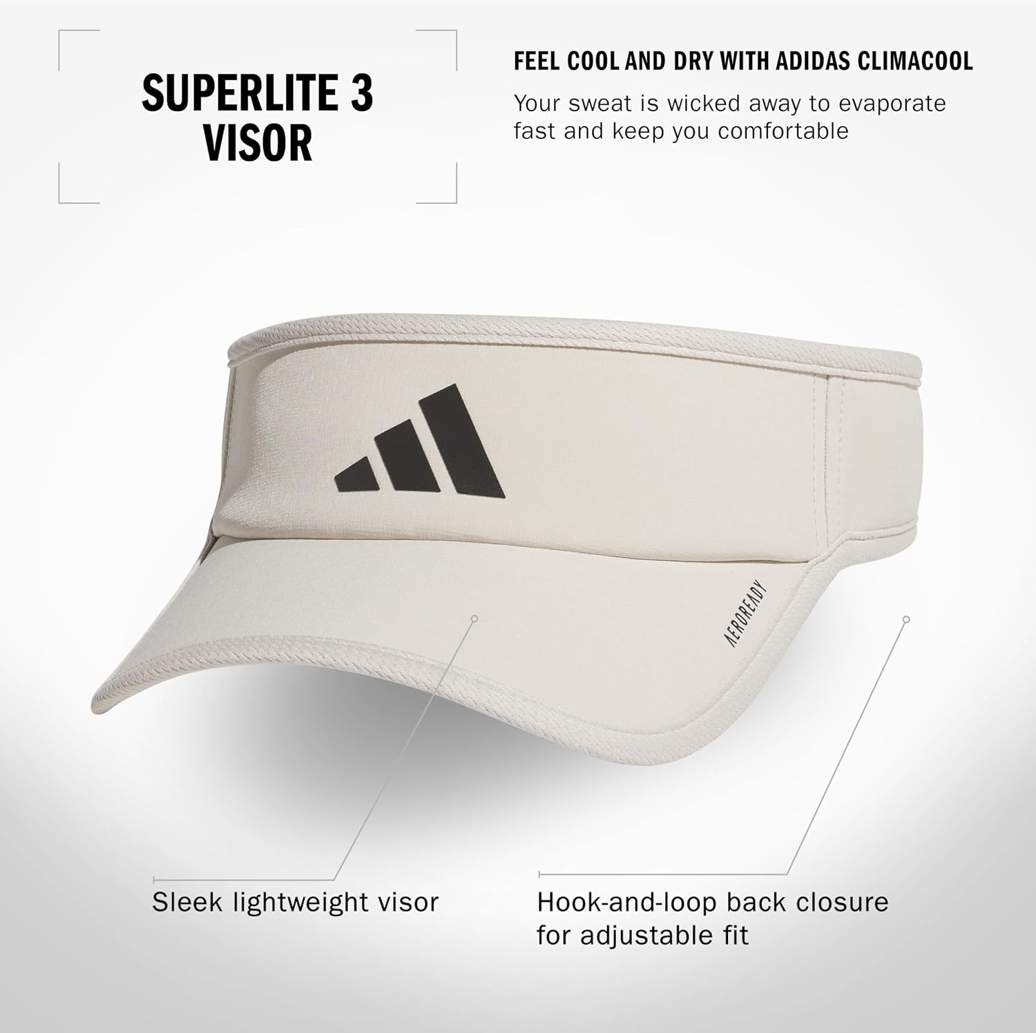 image:imageadidas Mens Superlite Visor OpenTop Design MoistureWicking Sweatband Adjustable Fit 3Stripes Side Detail DialIn Your Fit AllDay Sun ComfortWonder Alumina GreyBlack3