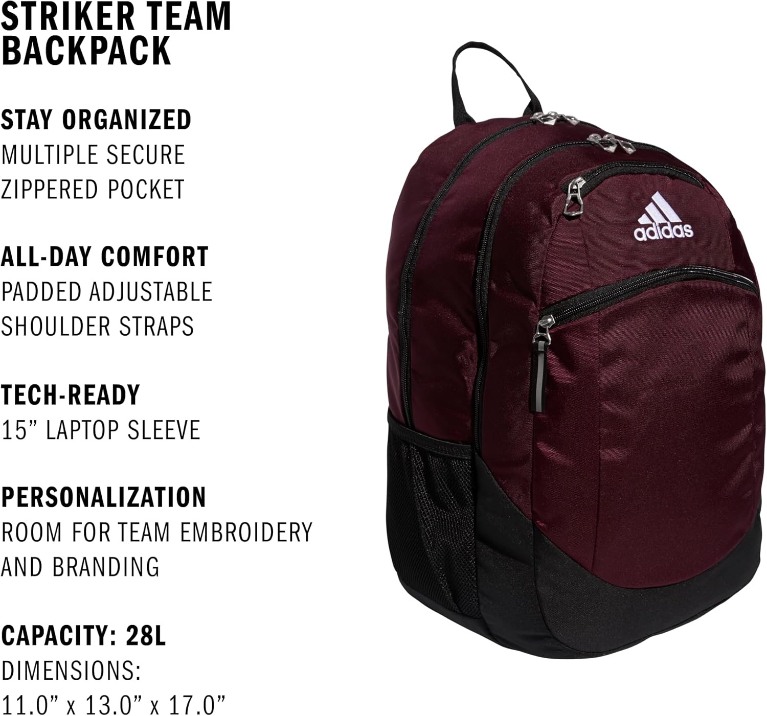 image:imageadidas Unisex Striker II Team Backpack BlackWhite One SizeMaroonBlackWhite20 28l