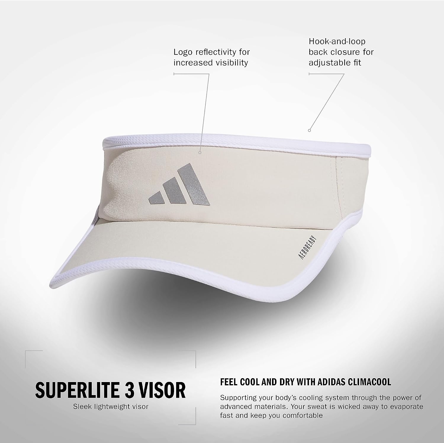 image:imageadidas Womens Superlite Visor OpenTop Design Adjustable Fit Perforated Build HookandLoop Closure AllDay Sun ComfortAlumina BeigeSilver MetallicWhite3